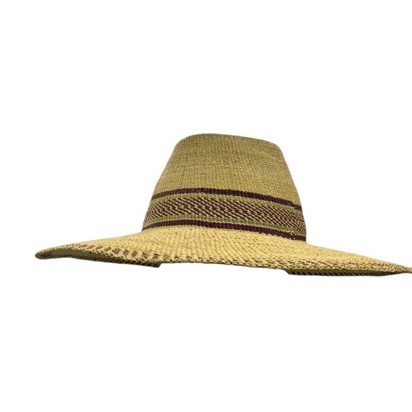 South American Handmade Wide-Brimmed Straw Sun Hat Burgundy Accents Finely Woven - Picture 3 of 7
